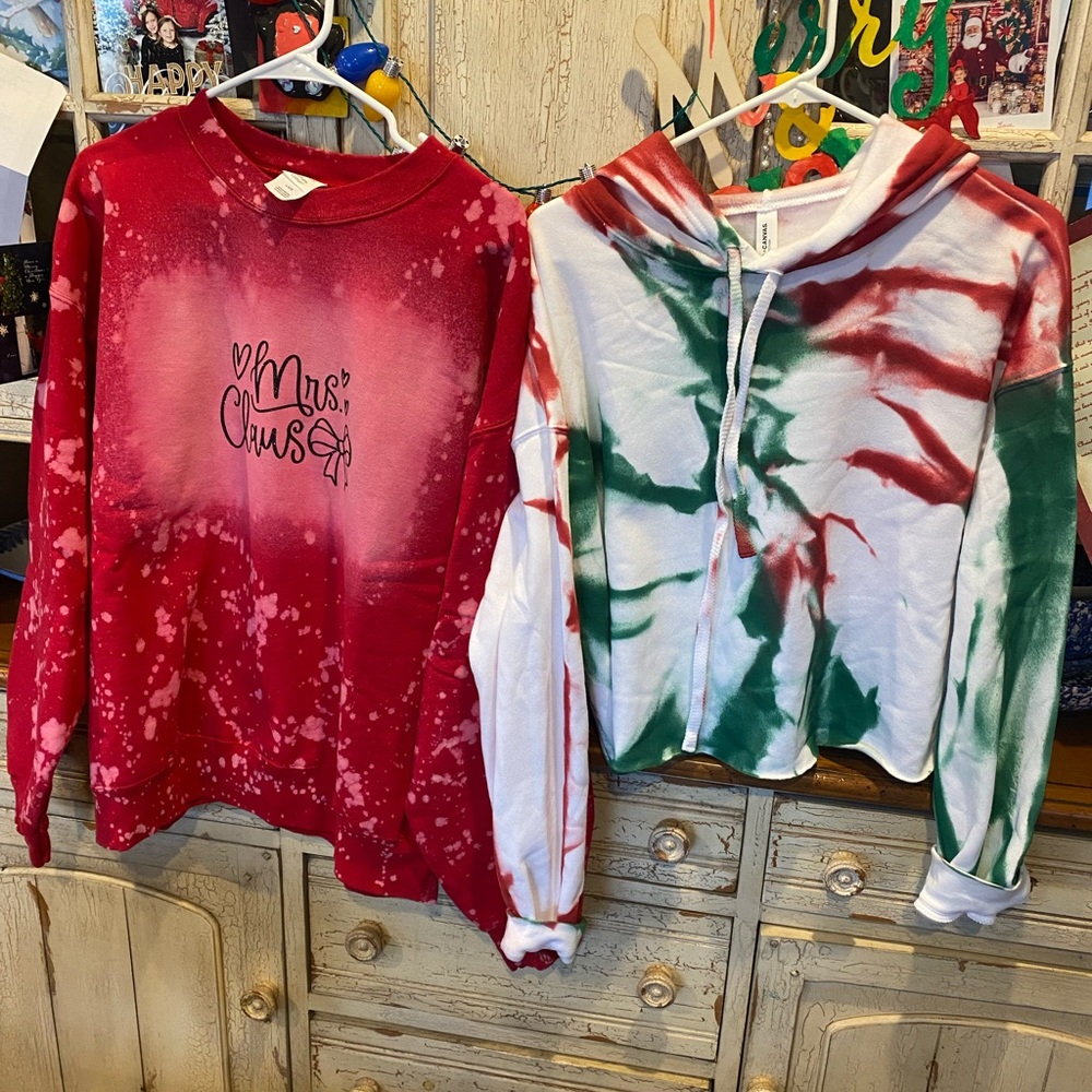 Mrs. Claus crewneck and red & green holiday crop hoodie